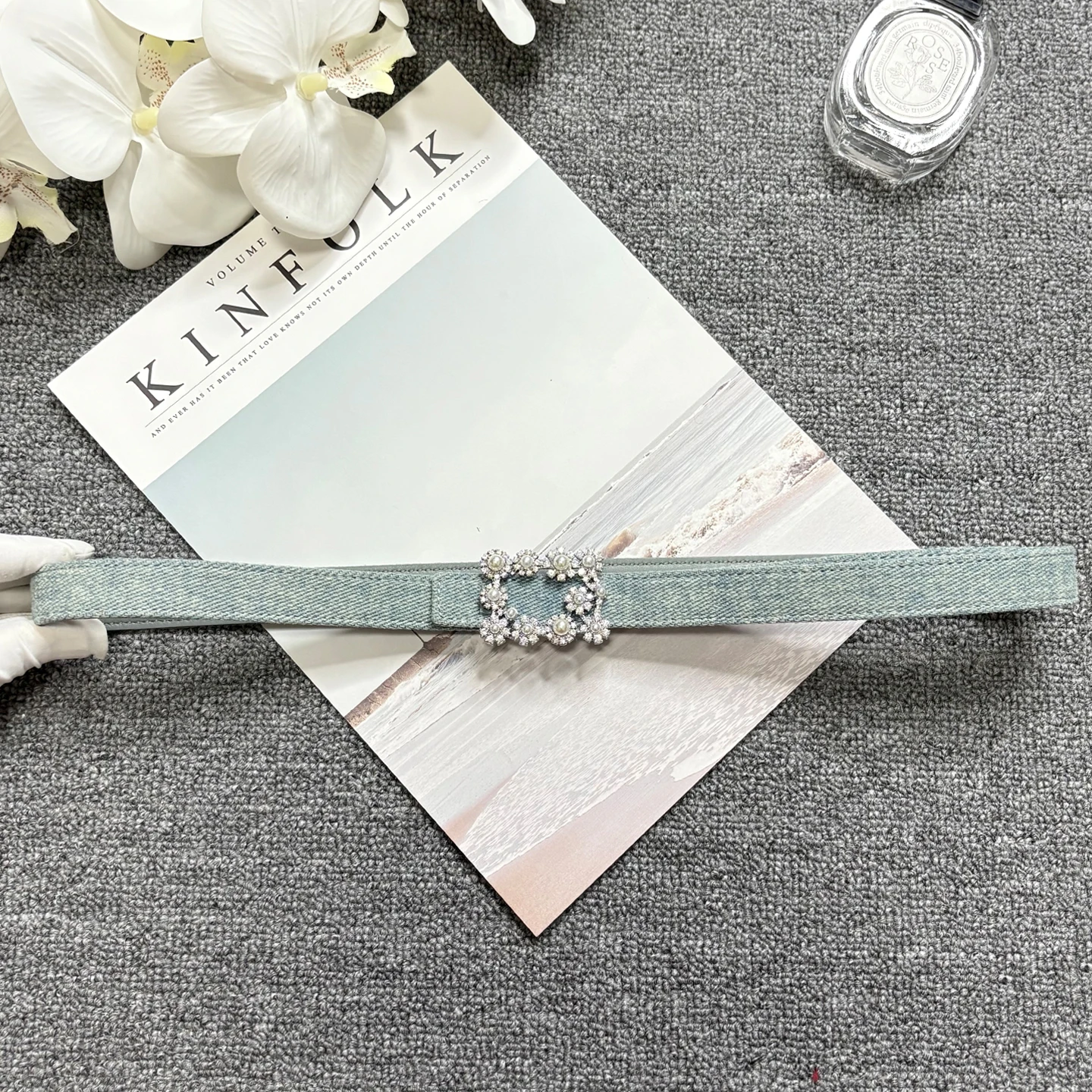 Ceinture bleue en denim avec boucle en strass et perles, ceinture en cuir décorative en denim vintage, ceinture pour pantalon fin à boucle en diamant argenté