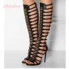 Sandales de gladiateur noires à talons aiguilles, à lanières, aux genoux, à bout ouvert, multi-boucles, pour femmes, nouvelle collection été 2025