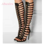 Sandales de gladiateur noires à talons aiguilles, à lanières, aux genoux, à bout ouvert, multi-boucles, pour femmes, nouvelle collection été 2025