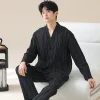 ensemble pyjama de style kimono japonais pour hommes – tissu en coton à carreaux bleus avec boutons sur le devant, poches et ceinture élastique l 4xl