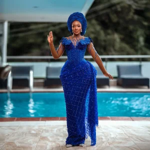 Aso Ebi robe de soirée Illusions pure bleu Royal robes de bal florales perles longues élégantes robes de bal nigérianes avec manches Aso Ebi robe de soirée Illusions pure bleu Royal robes de bal florales perles longues élégantes robes de bal nigérianes avec manches