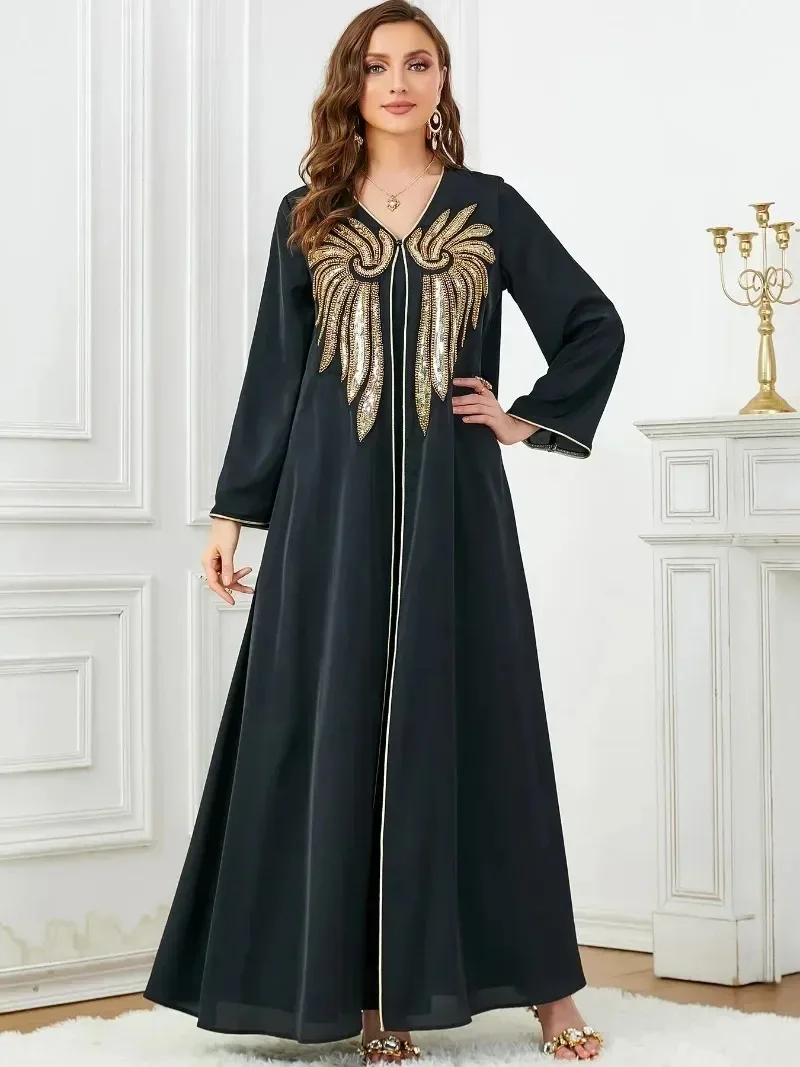 abaya perlée pour femme, robe longue islamique brodée, robes de soirée musulmanes, caftan marocain noir, ramadan dubaï, 2 pièces