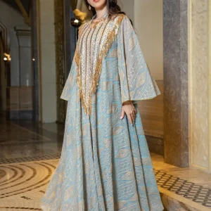 Abaya musulman de luxe de Style dubaï, vert clair avec des embellissements de paillettes dorées et brillantes, idéal pour les Galas de la haute société arabe, nouvelle collection 2025