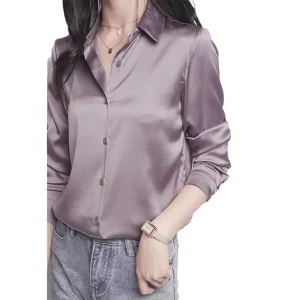 Chemise française en fausse soie semblable au satin pour femme associée à des jeans, chemisier de banlieue ample