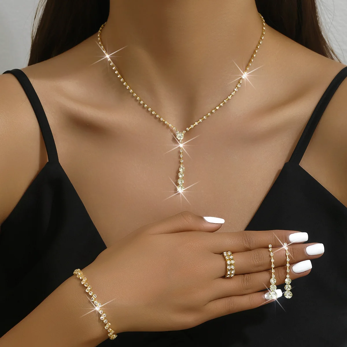 Ensemble de bijoux de bal en argent, 5 pièces, bagues minimalistes, collier, boucles d'oreilles, Bracelet pour femmes, accessoires pour robe de soirée de mariage, cadeau