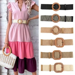 Ceinture tressée en paille PP pour femme, large et élastique, style bohème, décontractée, pour l&rsquo;été