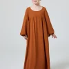 enfants abaya ramadan musulman dubaï élégant fille solide col rond à manches longues caftan kebaya robe pour fête prier cadeau