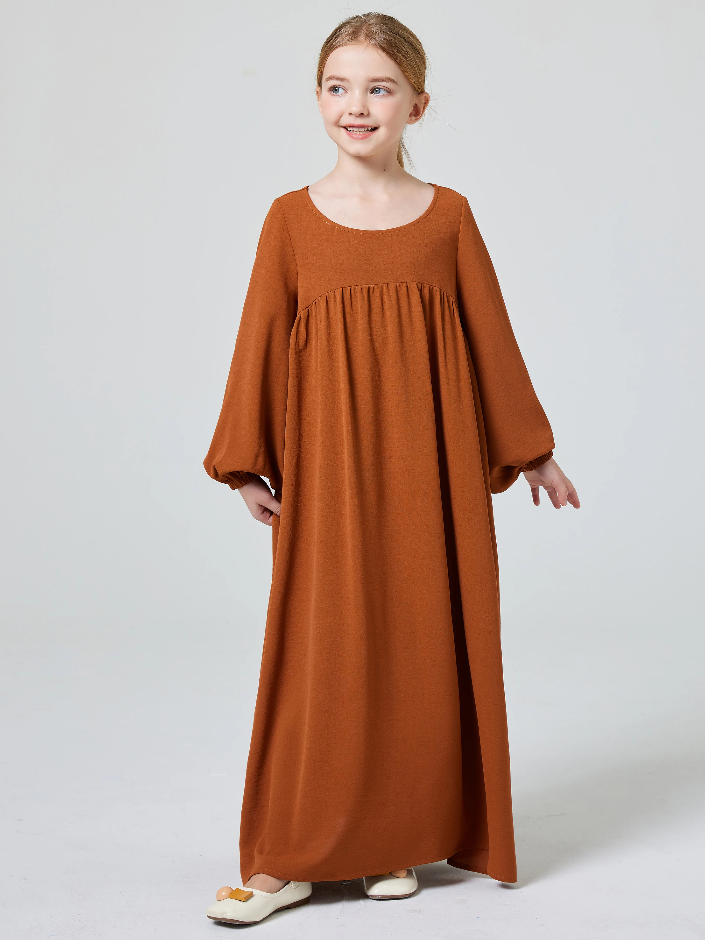 Enfants Abaya Ramadan musulman dubaï élégant fille solide col rond à manches longues caftan Kebaya robe pour fête prier cadeau