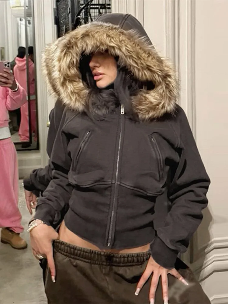 veste à capuche patchwork pour femme, manteau court avec fermeture éclair à la taille, à la mode, polyvalent, de rue, nouvelle collection automne hiver