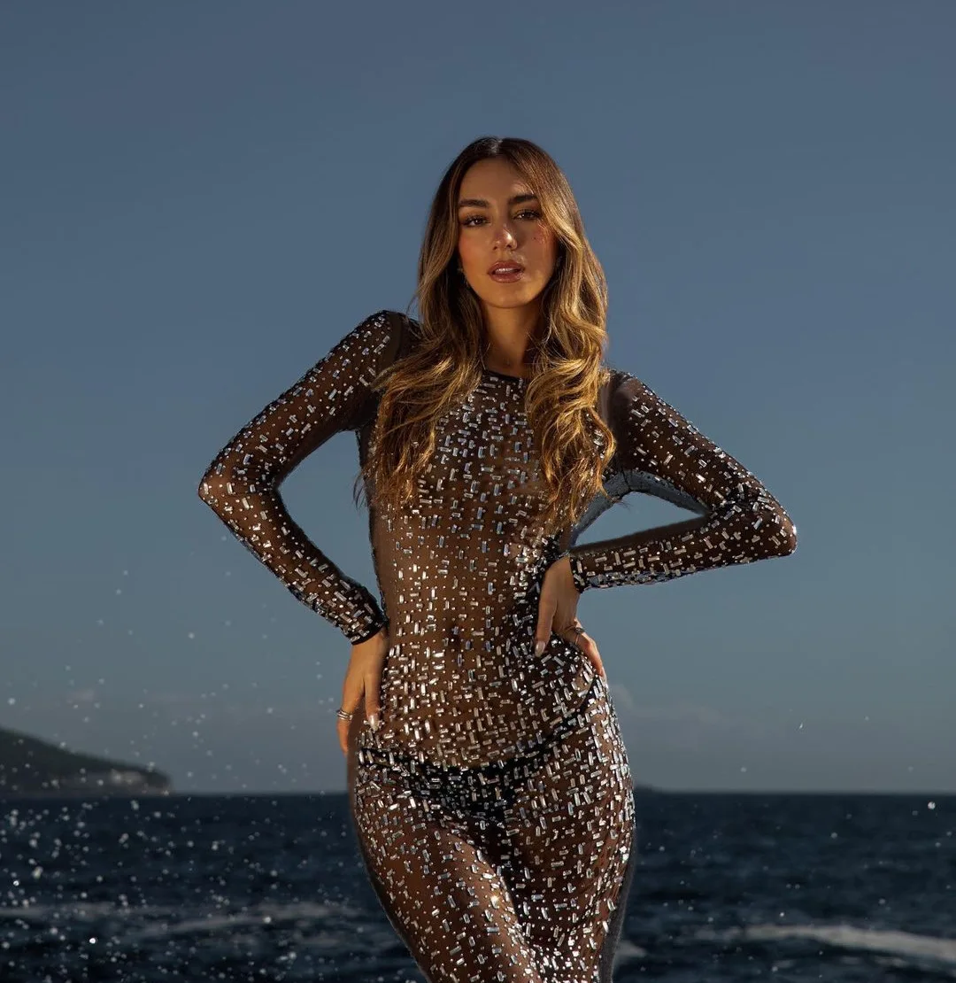 robe de nuit en maille transparente à manches longues pour femmes, robe maxi à paillettes, mince et élégante, tambour, mode féminine, vêtements de nuit