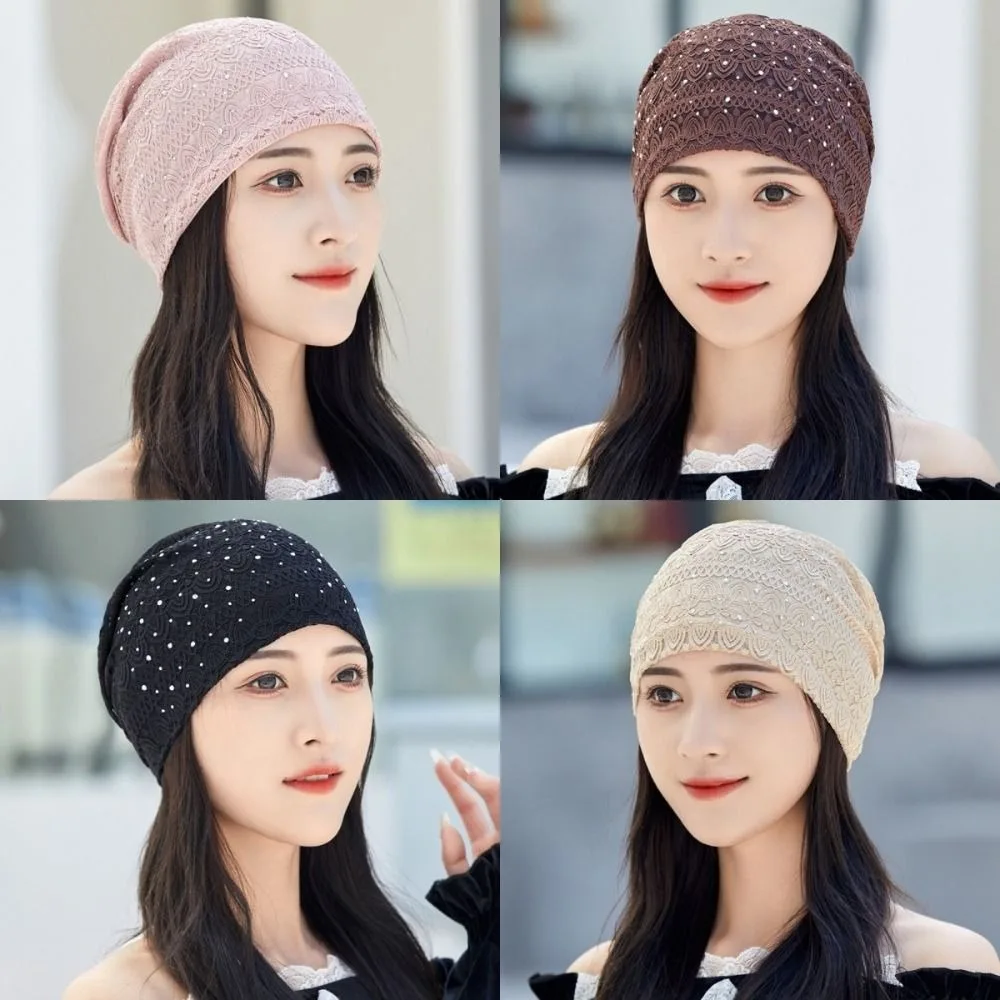 bonnet en dentelle douce et décontracté, style ethnique, strass, chaud, bonnet de nuit, confortable, hijab, turban, pour l'extérieur