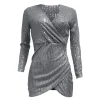 robe de soirée à paillettes pour femmes, col en v, manches longues, robes plissées, mince, élégante, boîte de nuit, sexy, éducative, dames