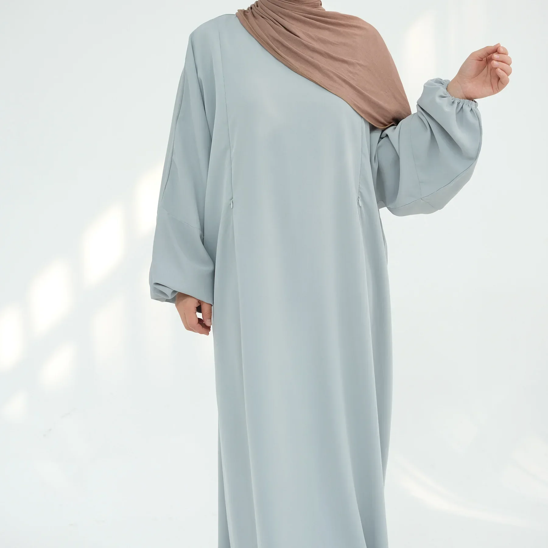 robe abaya d'allaitement douce pour femme, vêtements islamiques, manches bouffantes, fermeture éclair latérale sur le devant, robes modestes, nida
