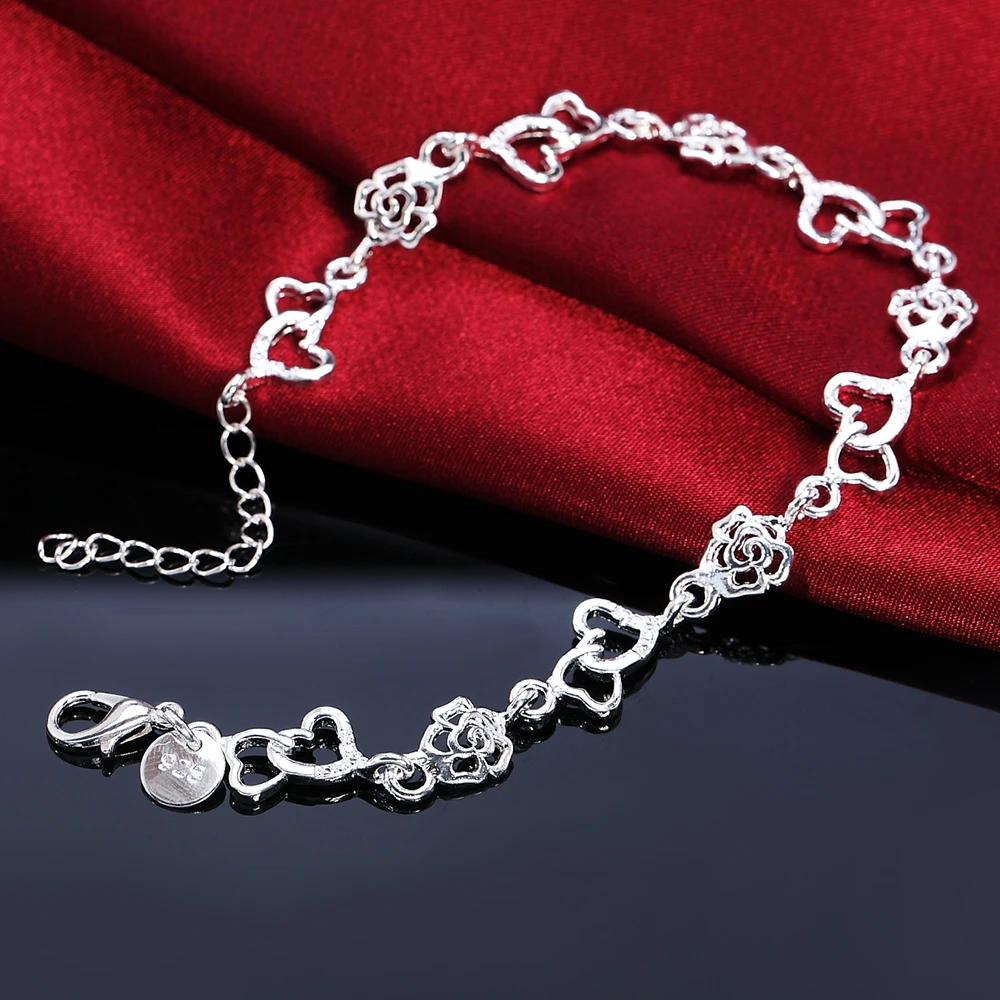 magnifique bracelet en argent sterling 925 pour femmes, joli cœur, chaîne de fleurs, à la mode, fête de mariage, joli bijou pour dame