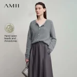 AMII Cardigan pour femmes élégant polyvalent haut femme tricoté col rond manches longues 2025 automne nouveaux vêtements dames 12543075