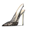 sandales à talons hauts en dentelle noire à bout pointu, talons fins et bouche peu profonde, confortables à porter avec juste un pied