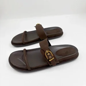 Sandales plates d&rsquo;été en cuir pour femmes, pantoufles à Double boucle, sandales de plage décontractées, diapositives d&rsquo;extérieur marron