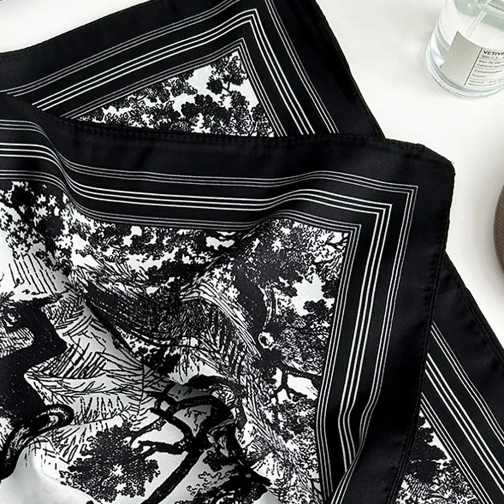 Foulard en soie 90x90cm, marque de luxe de styliste, tête d'impression de cheveux, grand mouchoir Hijab châle pour femmes, Bandanna, Foulard silencieux