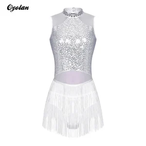 Robe de Ballet à paillettes pour femmes, avec pompons, robe de patinage artistique, collants de gymnastique, combinaison scintillante avec strass