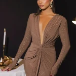 Robe longue à paillettes pour femmes, décolleté en V profond, Sexy, manches longues, fendue, froncée, Slim, élégante, couleur unie, Robes de soirée