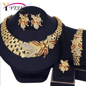 YTJX – ensemble de bijoux de mariage, collier ras du cou africain à grande fleur, Bracelet en Zircon fin, Piercing, boucle d&rsquo;oreille, bague plaquée or 18 carats