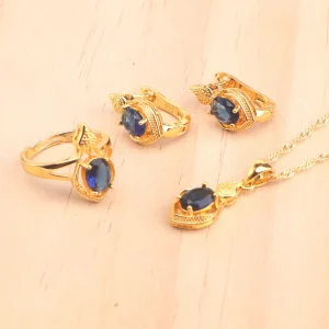 Ensemble de bijoux de mariée pour femmes, couleur or argent 925, zircone bleue, pierres de mariage, boucles d&rsquo;oreilles, bagues, pendentif, collier