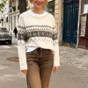 "sweat en tricot beige fair isle pour femmes, pull à motif géométrique rétro, pull coupe ample pour un look à la mode