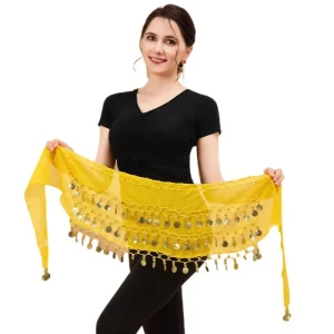 Écharpe de hanche de danse du ventre de pièces de monnaie de couleur or, écharpe de hanche réglable à trois couches, ajustement confortable, facile à porter, ceinture de taille de danse