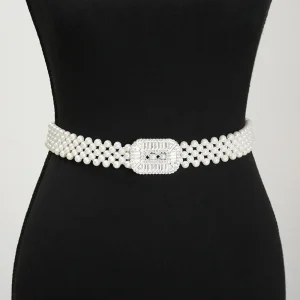 Ceinture de taille Simple en perles scintillantes, large boucle en métal, élastique, longue chaîne pour femmes, ceinture de mariée