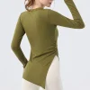 yoga gym cover up à manches longues couvrant les fesses femmes plissées fentes latérales ample décontracté automne fitness pilates vêtements de yoga pour les femmes