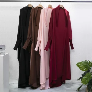 Abaya Jilbab pour femmes musulmanes, vêtements islamiques, dubaï, saoudien, robe noire, modestie turque, robe de prière une pièce, manches smocks à capuche