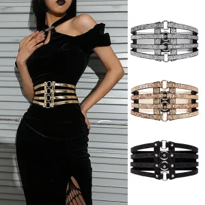 Ceinture extensible dorée pour femmes, look élégant avec robe de soirée, couverture de taille, boucle à 4 rangées, ceinture creuse décorative