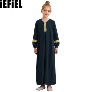 Abaya-Robes musulmanes pour filles, robe maxi à manches longues, col rond, fête à thème du Ramadan, masade Tim, enfants