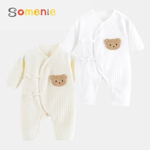 Tenue une pièce 100% coton pour garçons et filles, barboteuse à manches longues pour nouveau-né, combinaison fine en tricot solide pour les saisons Tenue une pièce 100% coton pour garçons et filles, barboteuse à manches longues pour nouveau-né, combinaison fine en tricot solide pour les saisons