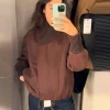 veste portefeuille marron tendance pour femmes, col tricoté solide et poignets, cordon de serrage à la taille, haut confortable et décontracté, nouvelle collection 20225, chic, streetwear