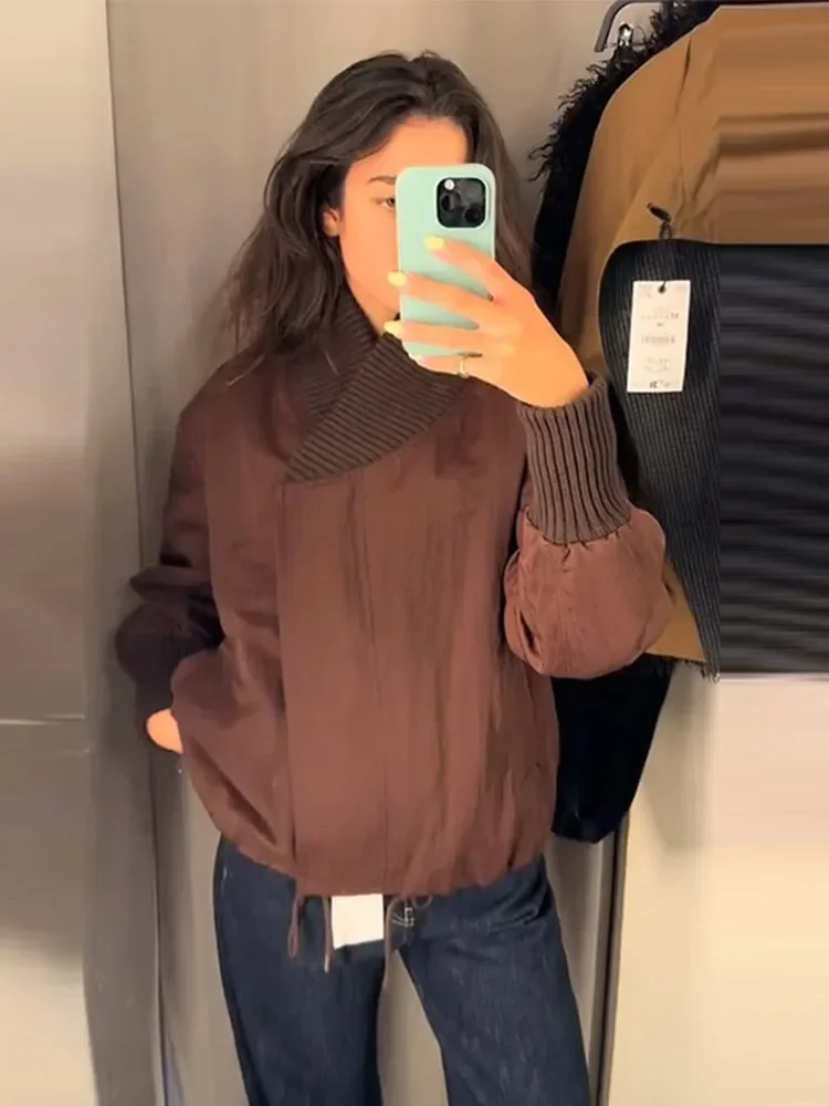 veste portefeuille marron tendance pour femmes, col tricoté solide et poignets, cordon de serrage à la taille, haut confortable et décontracté, nouvelle collection 20225, chic, streetwear