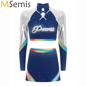 Costume de pom-pom girl à strass pour femmes, uniforme de pom-pom girl, haut court de danse de Ballet à manches longues avec jupe de danse, ensemble strass