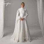 SSYTENS Robes de mariée musulmanes col haut satin perles personnalisées robes de mariée arabes avec châle manches longues Vestido De Noiva
