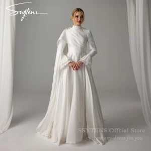 SSYTENS Robes de mariée musulmanes col haut satin perles personnalisées robes de mariée arabes avec châle manches longues Vestido De Noiva