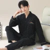 ensemble pyjama de style kimono japonais pour hommes – tissu en coton à carreaux bleus avec boutons sur le devant, poches et ceinture élastique l 4xl