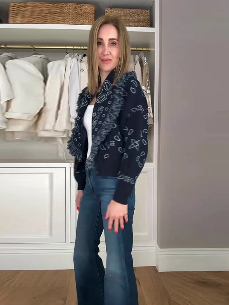 manteaux à pampilles en jacquard pour femmes, ceinture à lacets, col en v, châle, cardigan, taille cintrée, hauts trapèze, mode automne, nouveaux vêtements féminins