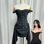 Robe à carreaux deux pièces pour femme – Mini robe froncée avec corset vintage Y2K avec bordure en dentelle