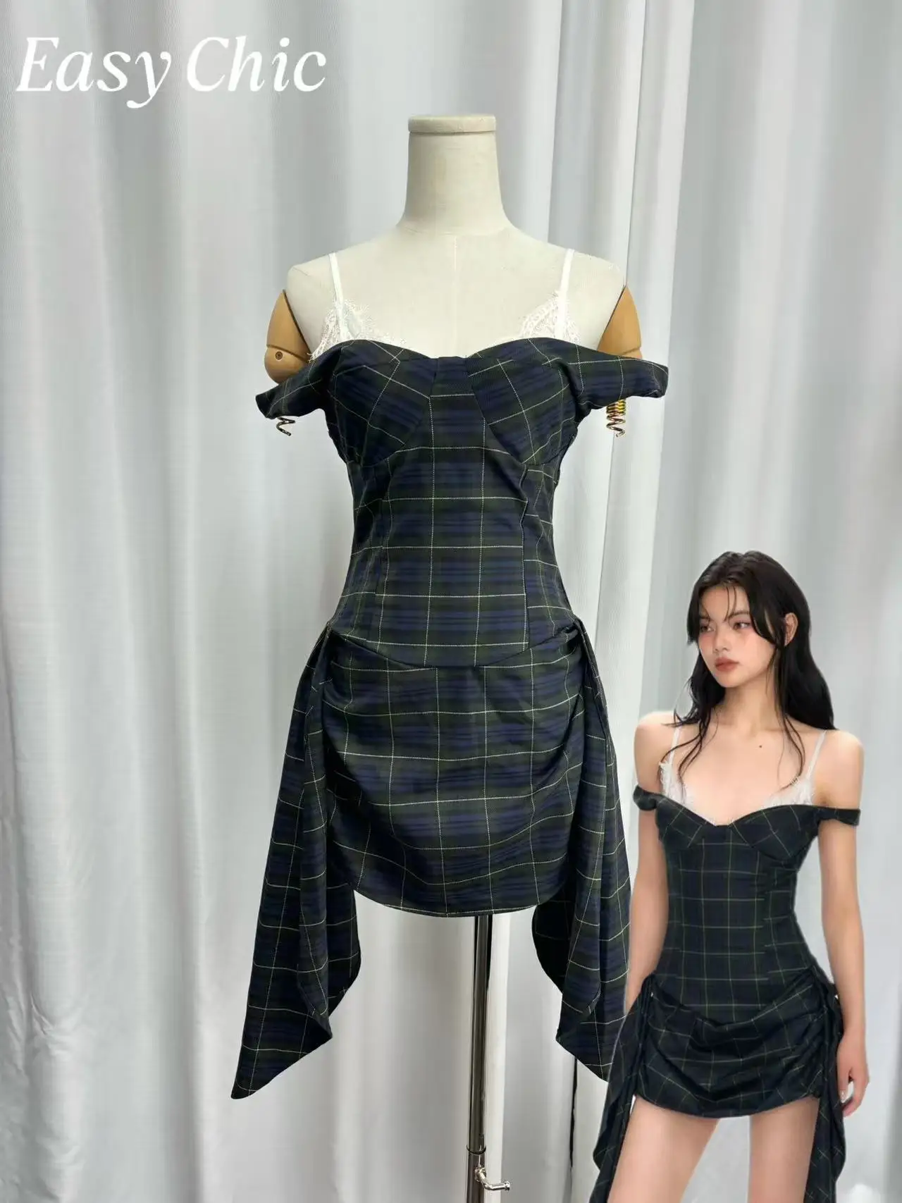 Robe à carreaux deux pièces pour femme - Mini robe froncée avec corset vintage Y2K avec bordure en dentelle