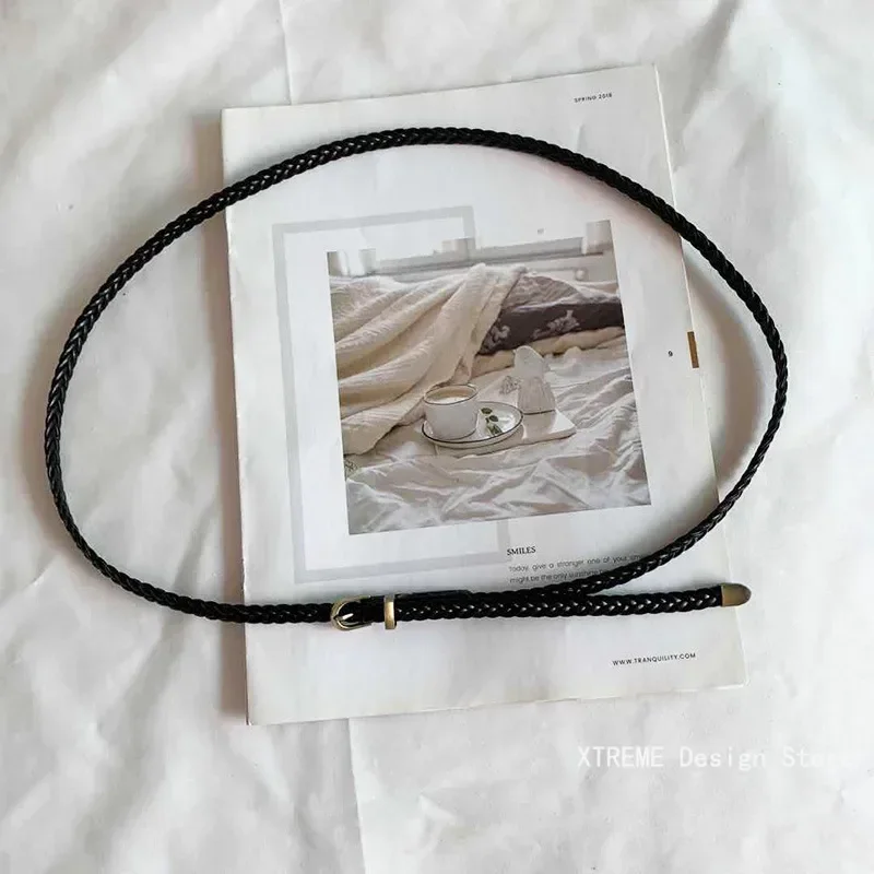 102cm ceinture en cuir tressé femmes ceinture de taille mince noir rouge blanc rose dames pu bracelet en cuir boucle ardillon femmes ceintures