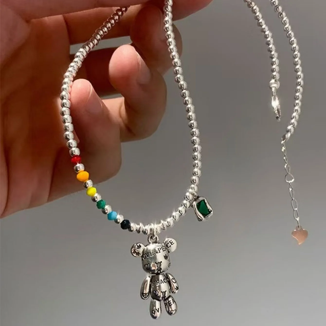 Collier couleur argent, Bracelet à breloques, bijoux de perles rondes colorées, Design ours mignon, pendentif en Zircon, bijoux de fête sl208