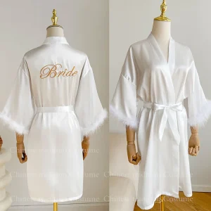 Robe de mariée blanche avec plumes pour femmes, Peignoir en Satin, robes Kimono de demoiselles d&rsquo;honneur Sexy, Peignoir court, Lingerie intime de mariée