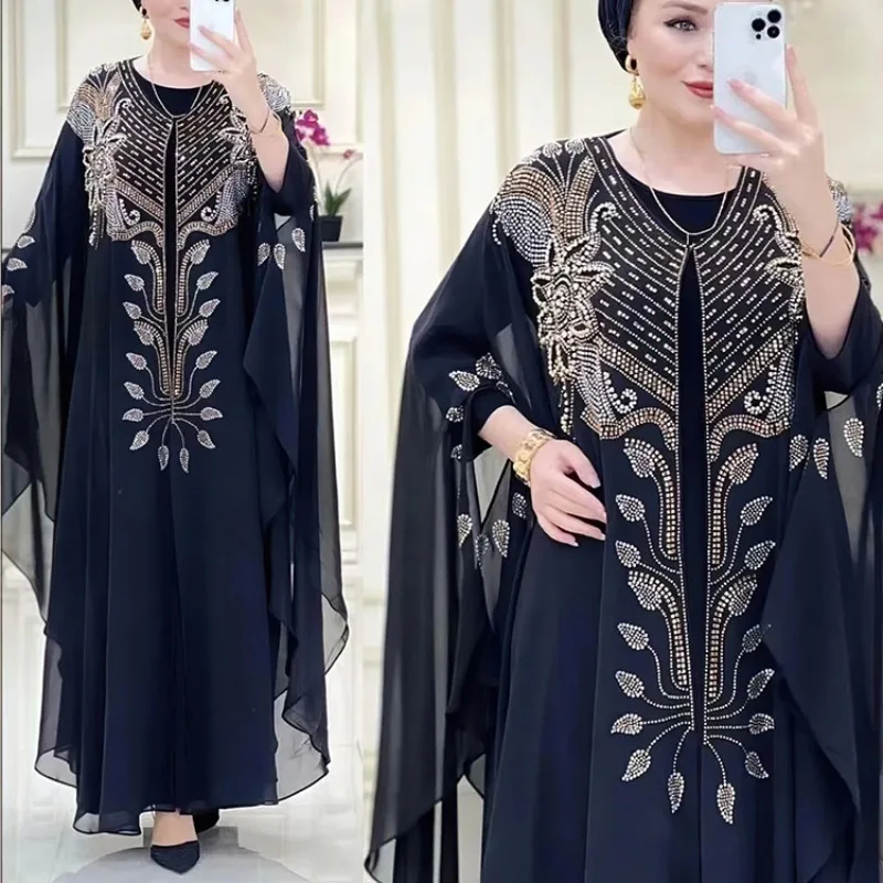 abaya musulman robes pour femmes col rond perles caftan robe de prière islamique afrique robe en mousseline de soie robe de soirée de vacances en vrac