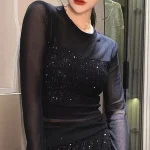 T-shirt à manches longues à paillettes pour femmes, haut en biscuits, paillettes féminines, manches sexy, vêtements de co-avantages, mode Y2k, Corée Emo Semi