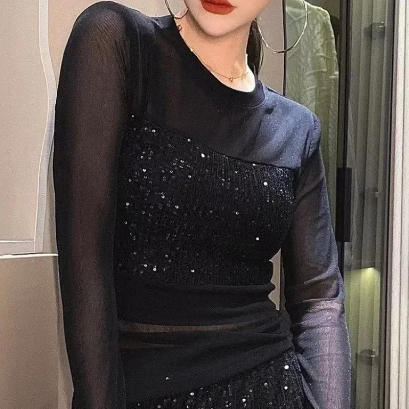 T-shirt à manches longues à paillettes pour femmes, haut en biscuits, paillettes féminines, manches sexy, vêtements de co-avantages, mode Y2k, Corée Emo Semi