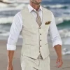 Gilet de costume en lin Beige pour hommes, gilet une pièce de plage d&rsquo;été de mariage, col en V, coût de la mode masculine